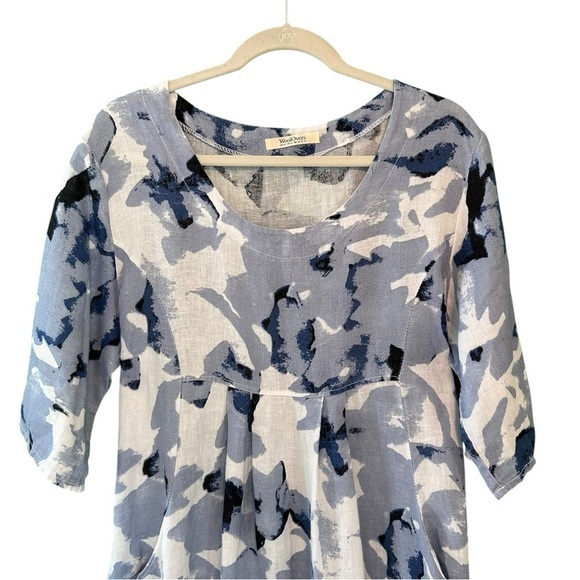 WoolOvers Womens Linen Tunic Dress Blue White Lagenlook Print Pockets Size 10 - Picture 5 of 12